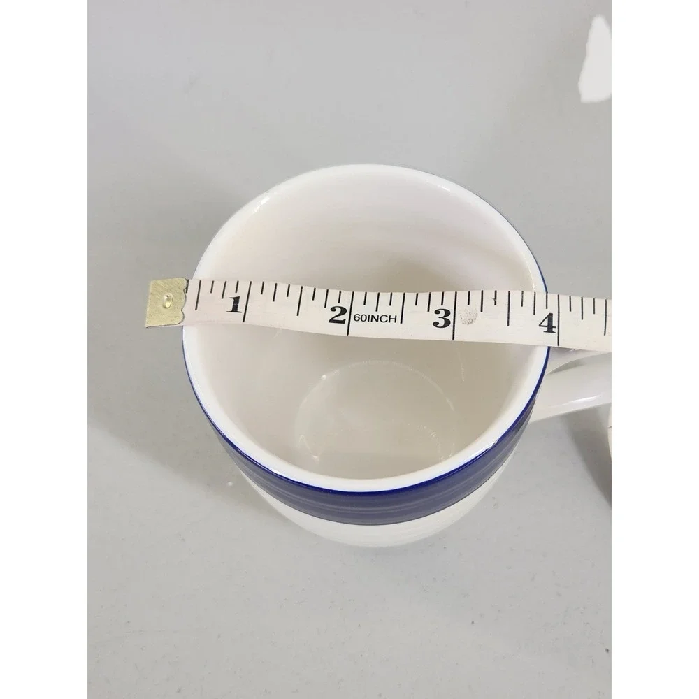 Pottery Barn Coffee Mug White Navy Blue Ribbed Stoneware Classic